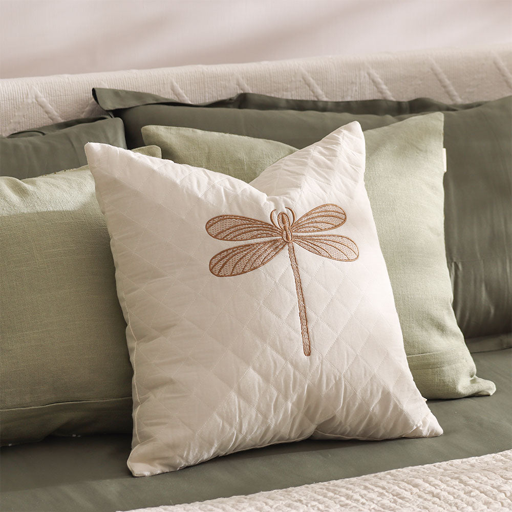 Dragonfly Embroidered & Quilted Cushion Cover - Gold White