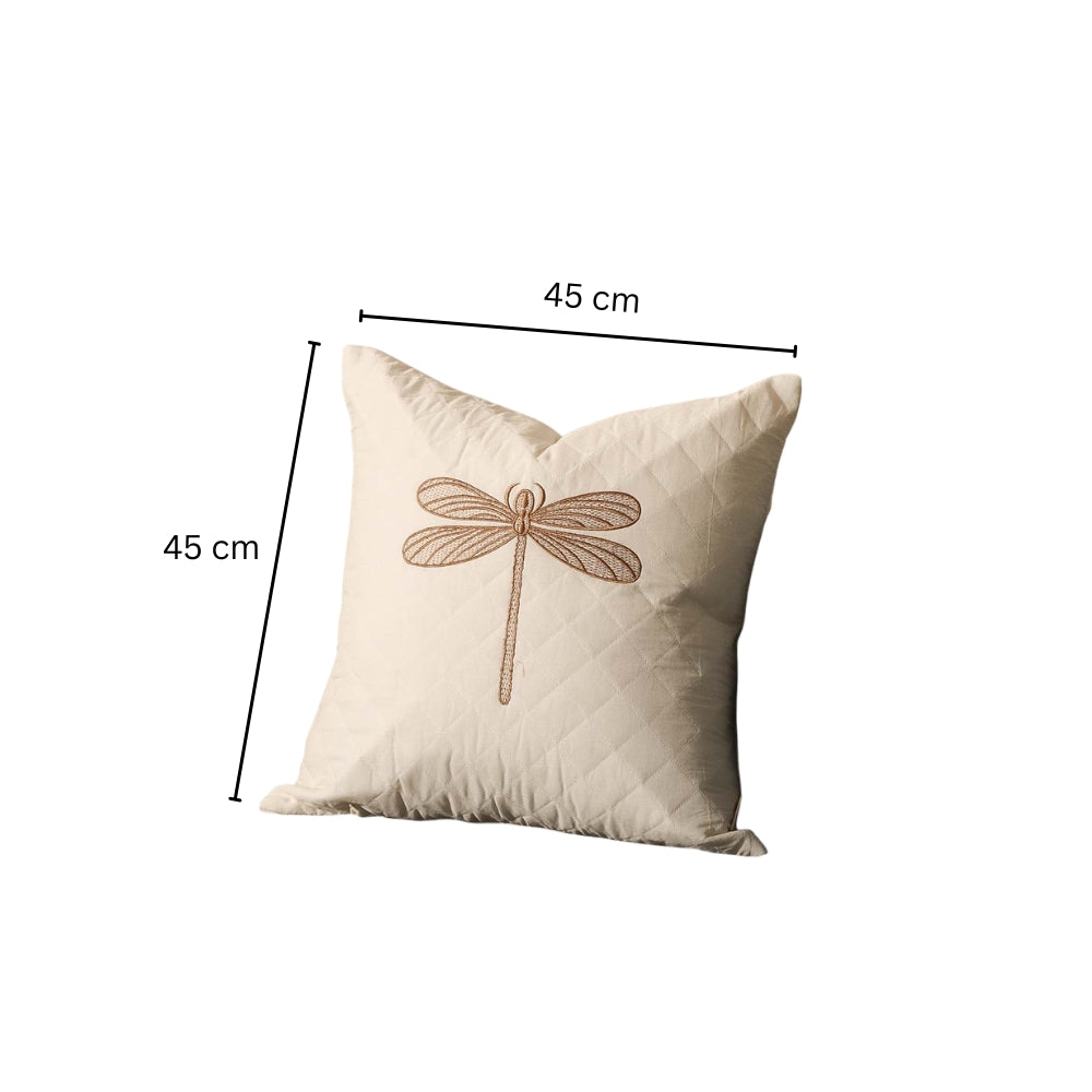 Dragonfly Embroidered & Quilted Cushion Cover 45x45cm - Gold White
