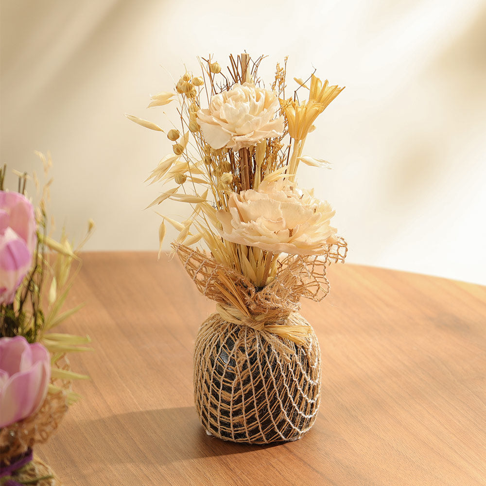 Dried Sola Bouquet in Ceramic Vase - Cream Black