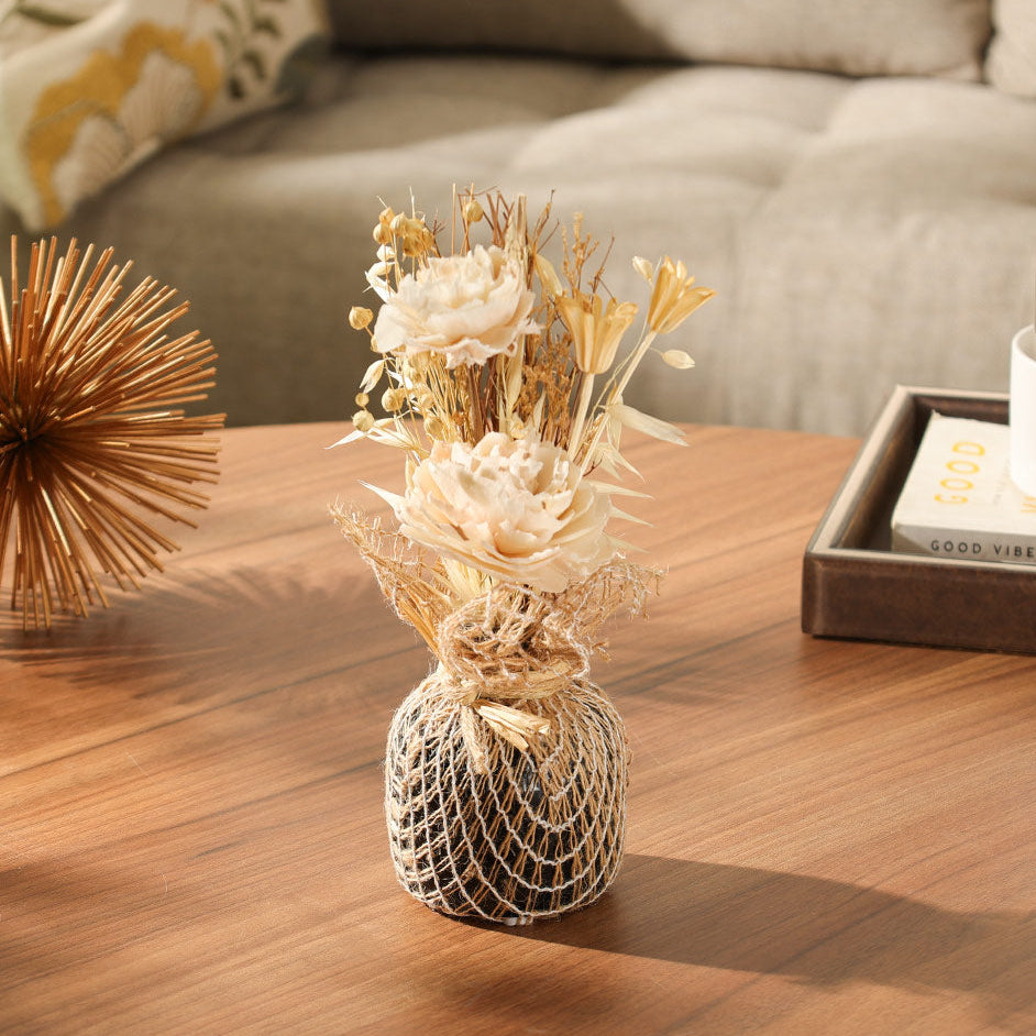 Dried Sola Bouquet in Ceramic Vase - Cream Black