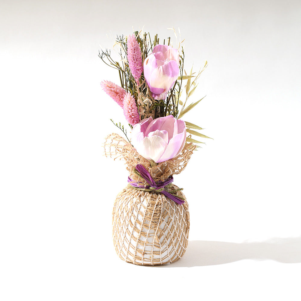 Dried Sola Bouquet in Ceramic Vase - Purple White