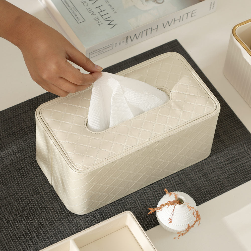 Damas Quilted High Tissue Box Holder - Pearl Ivory
