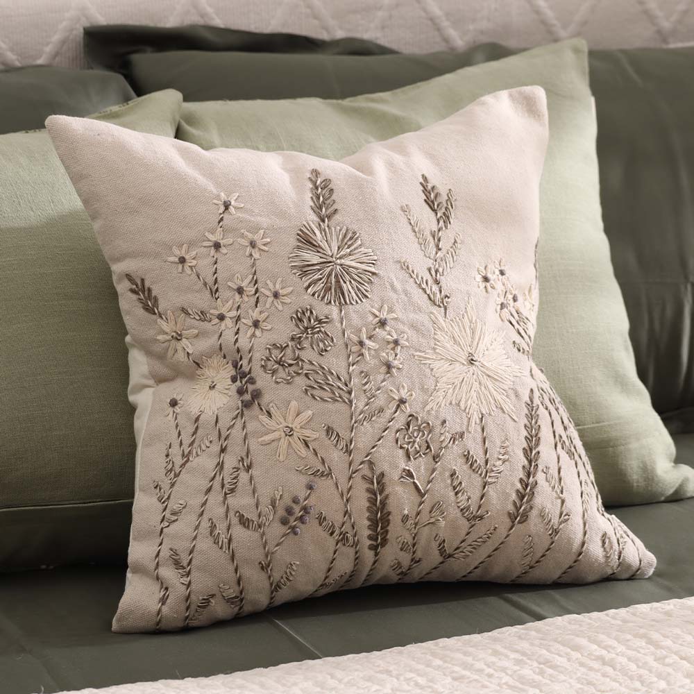 Dusk Meadow Embroidered Cushion Cover 45x45cm - Olive Beige