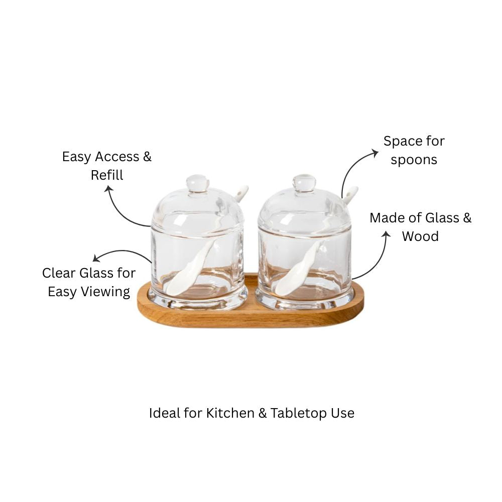Glass Condiment Set with Wooden Base