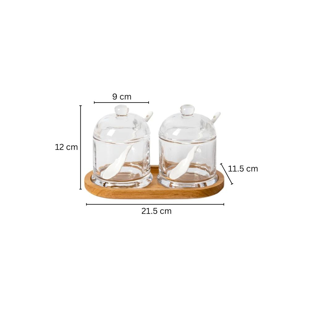 Glass Condiment Set with Wooden Base