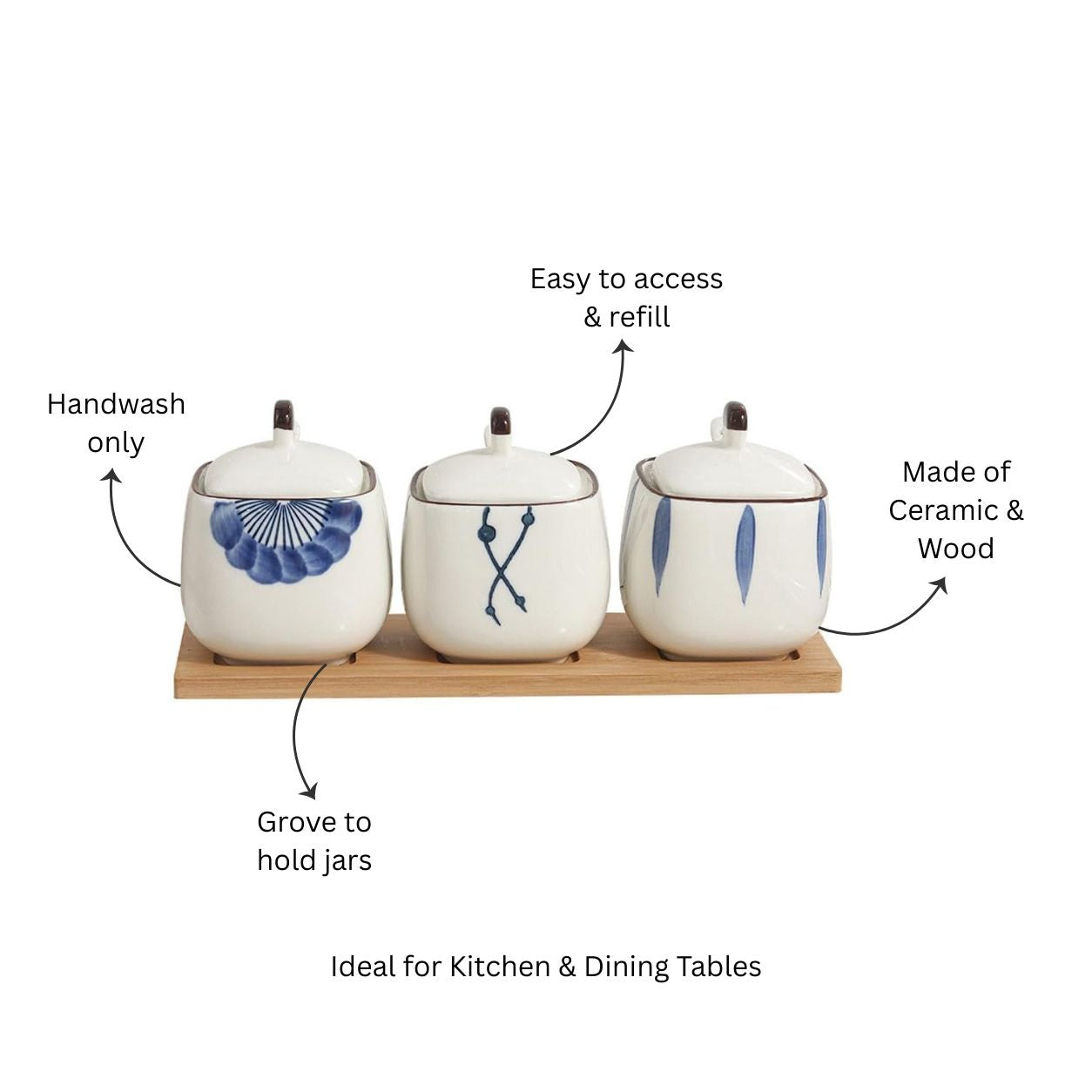 Aoki Condiment Jars with Wooden Tray - White Blue