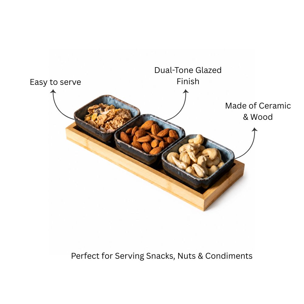 Island Small Serving Bowls with Wooden Tray, Set of 3