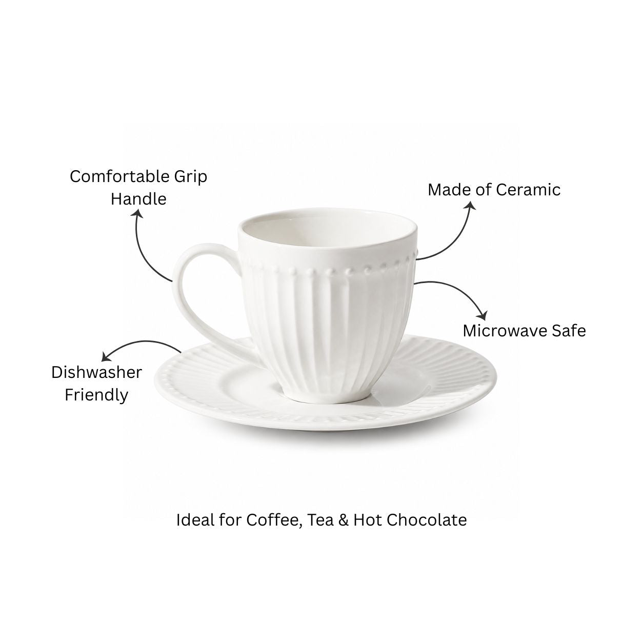 Aria Ceramic Cup and Saucer Set - White