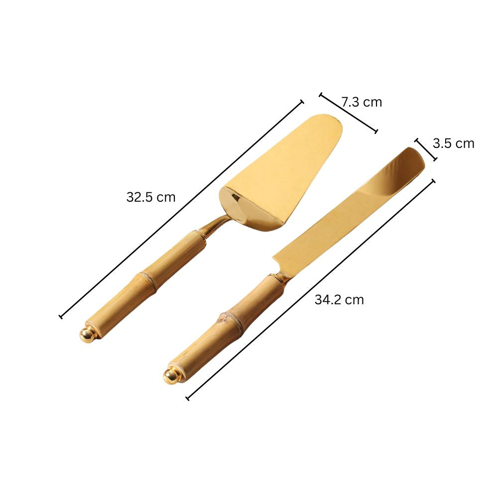 Bamboo Cake Knife and Server Set - Natural Gold
