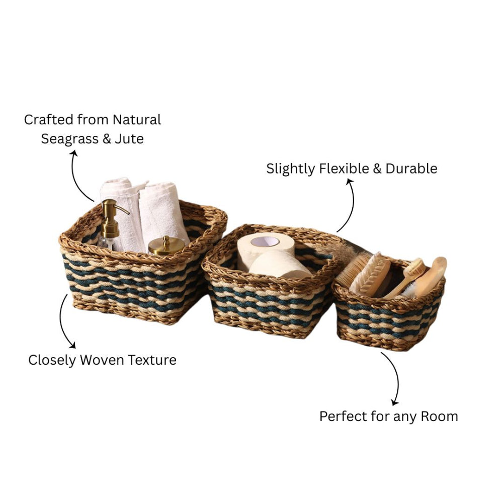 Jute & Seagrass Square Storage Baskets, Set of 3 - Blue Cream