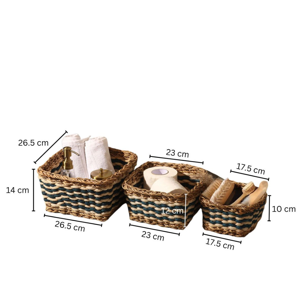 Jute & Seagrass Square Storage Baskets, Set of 3 - Blue Cream