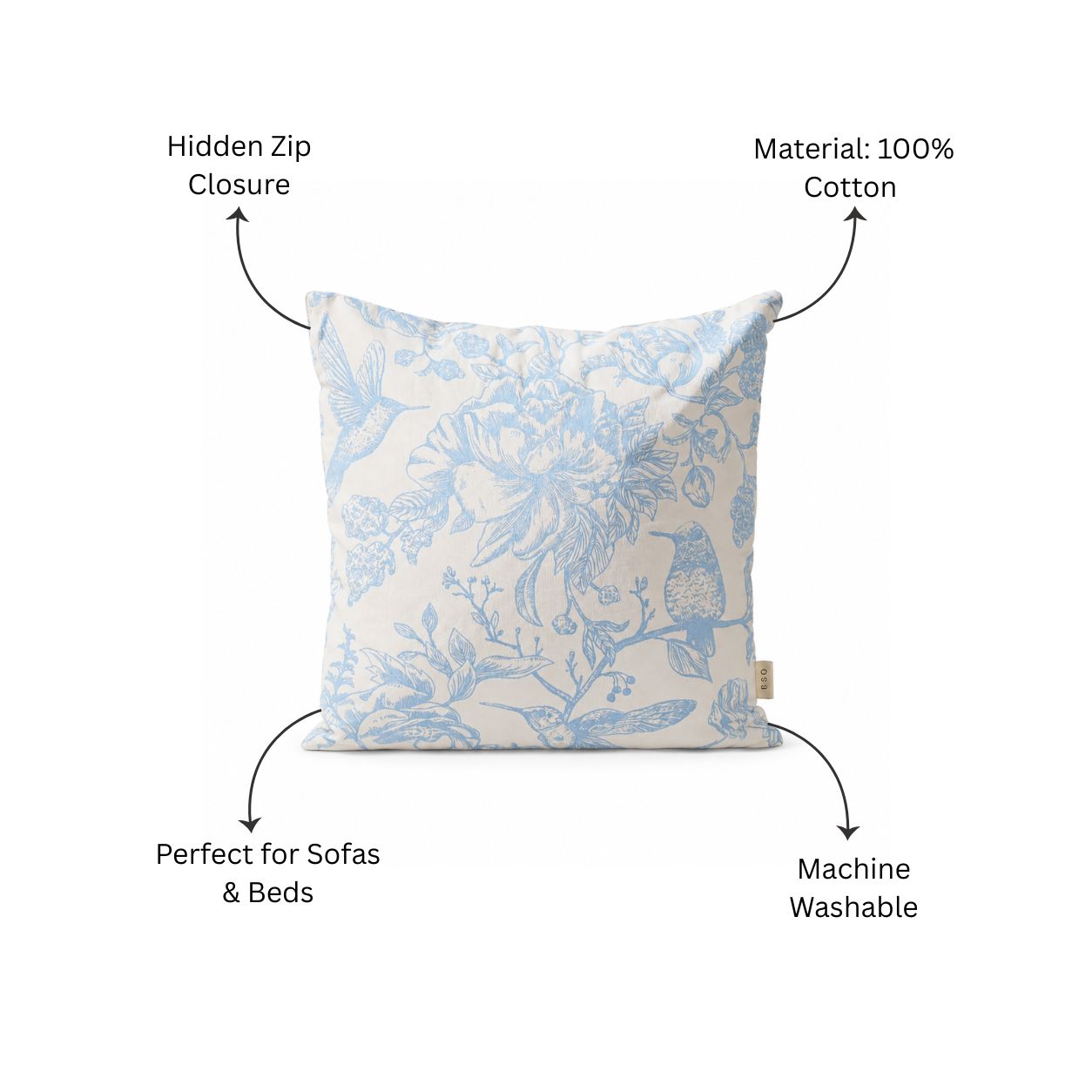 Peony Printed Cotton Cushion Cover 45x45cm - Blue White