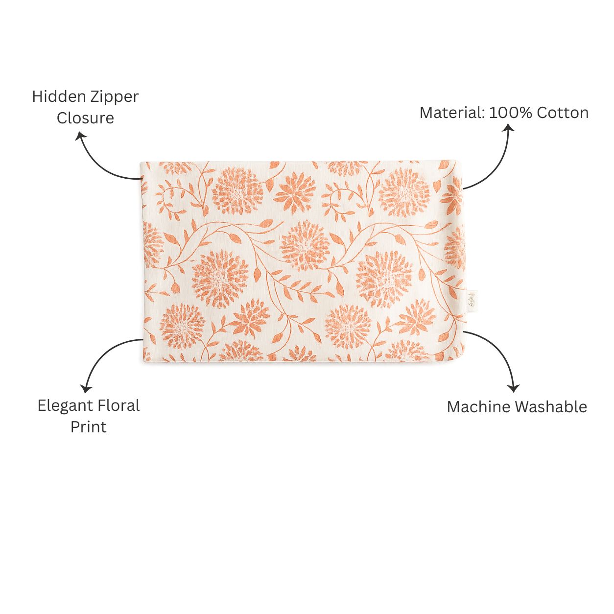 Dahlia Rectangular Printed Cotton Cushion Cover 50x30cm - Peach White