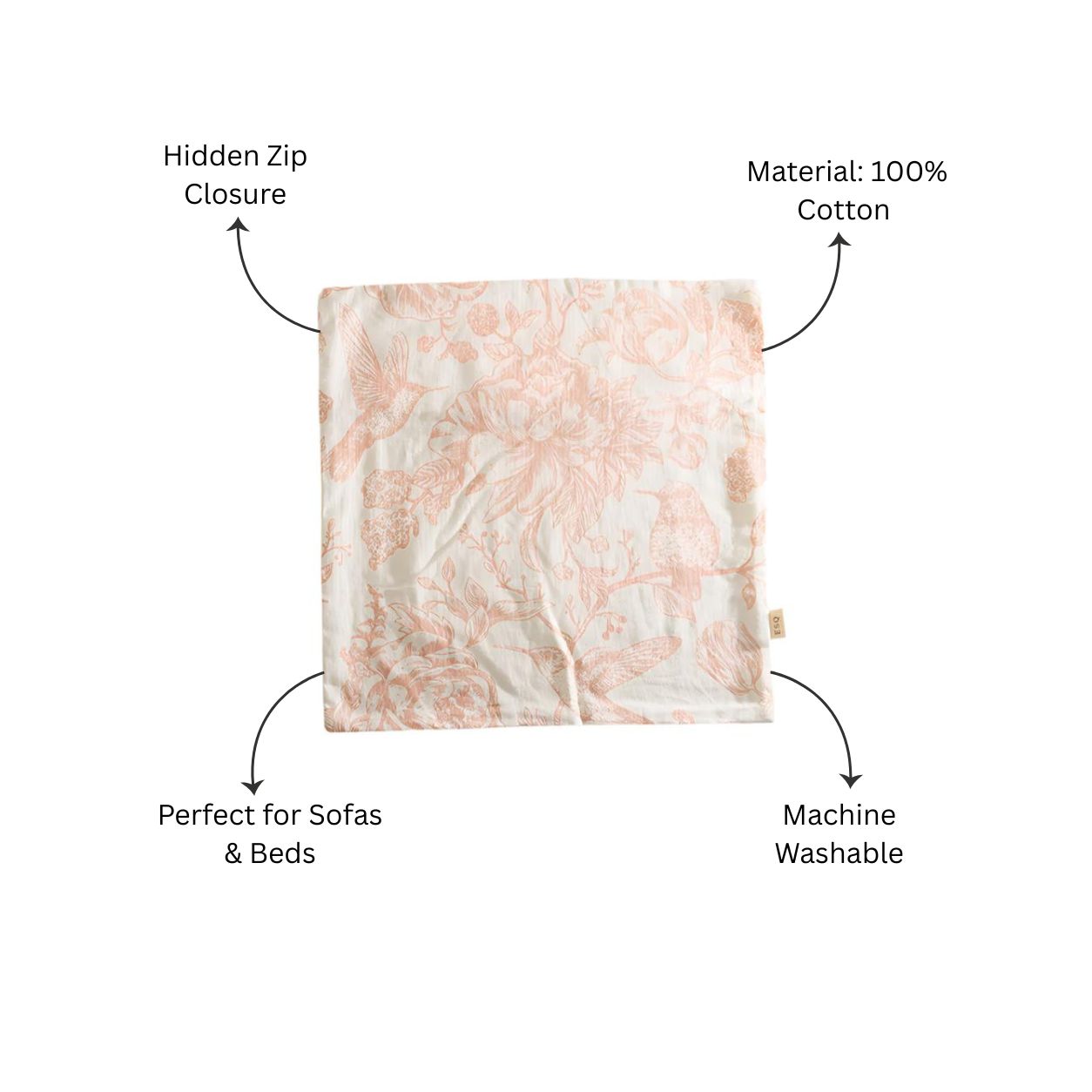 Peony Printed Cotton Cushion Cover 45x45cm - Peach White