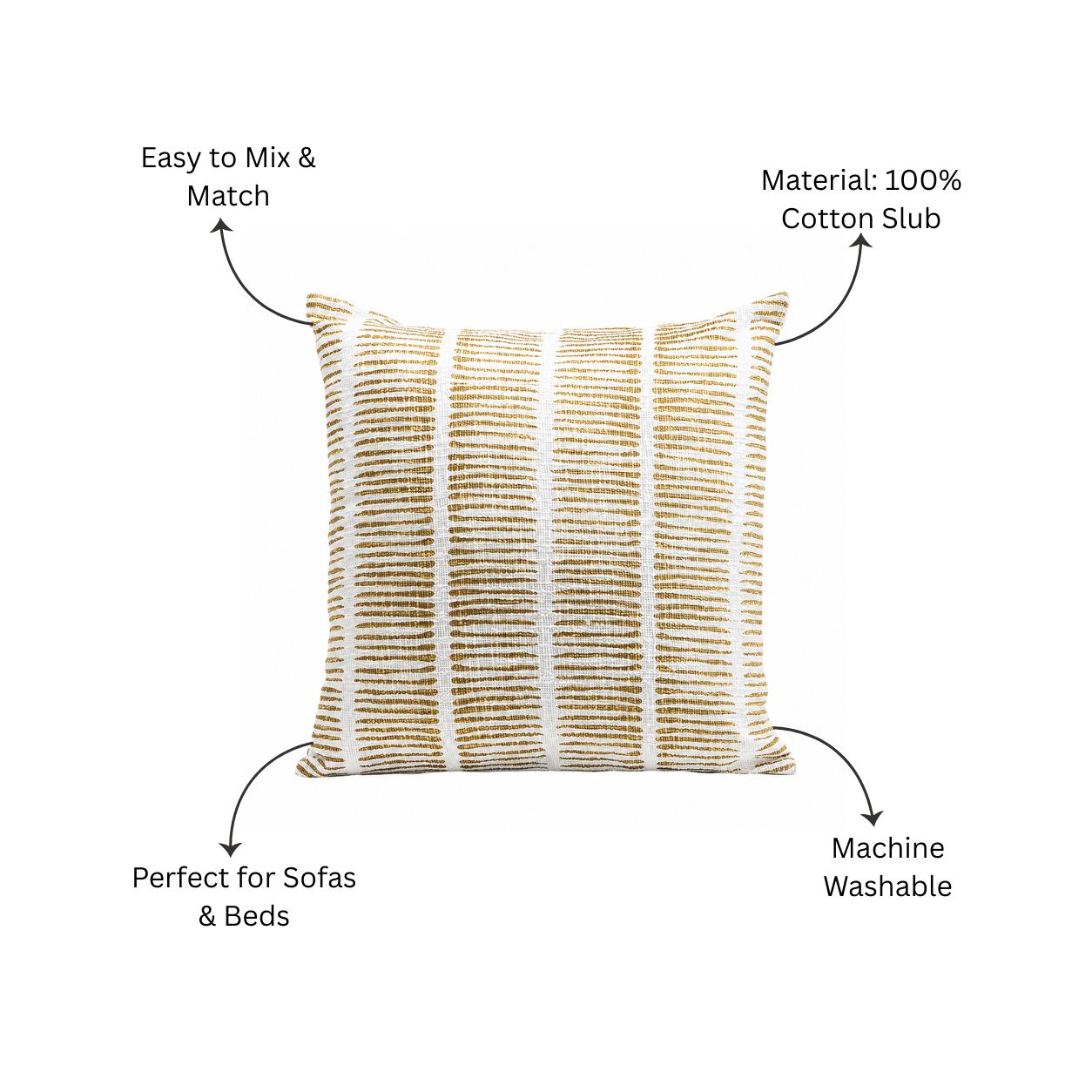 Lines Printed Cotton Cushion Cover 45x45cm - Mustard White