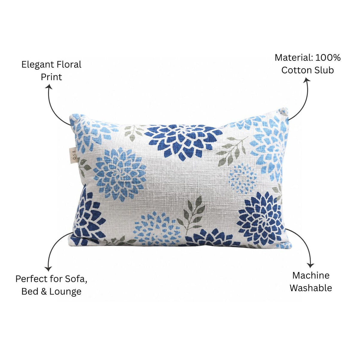 Zinnia Rectangular Printed Cotton Cushion Cover 50x30cm - Blue White