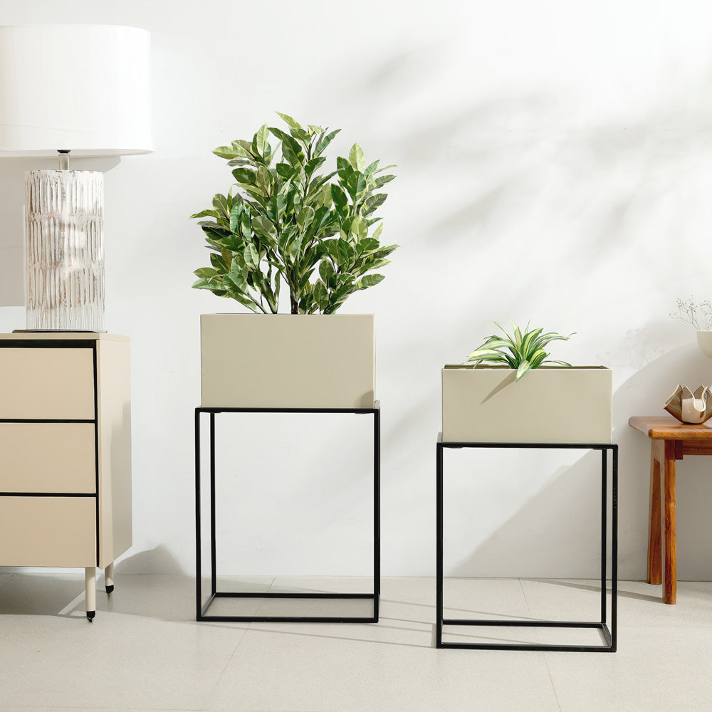 Eden Rectangular Planters with Stands, Set of 2 - Beige Black