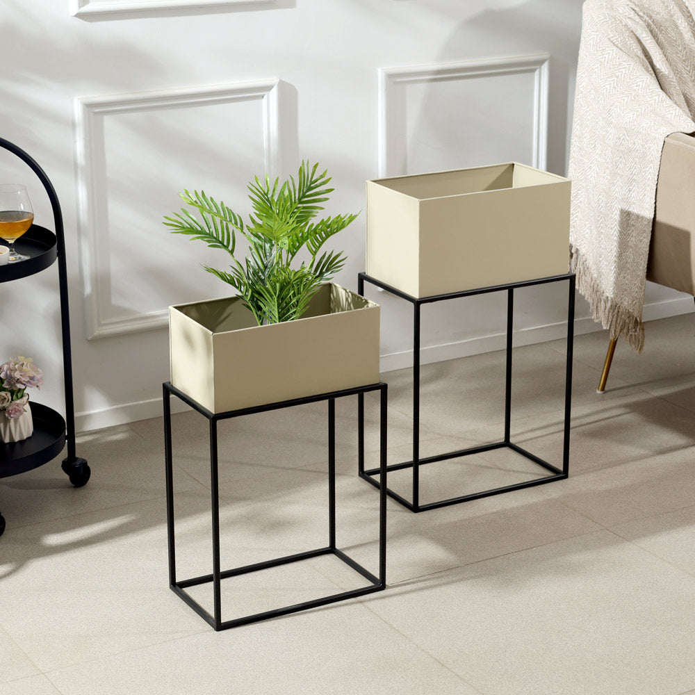 Eden Rectangular Planters with Stands, Set of 2 - Beige Black