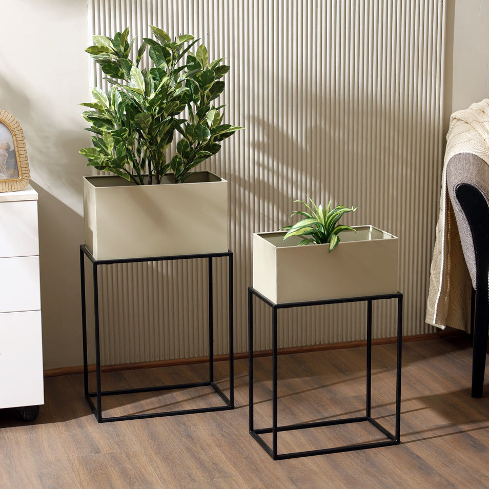 Eden Rectangular Planters with Stands, Set of 2 - Beige Black