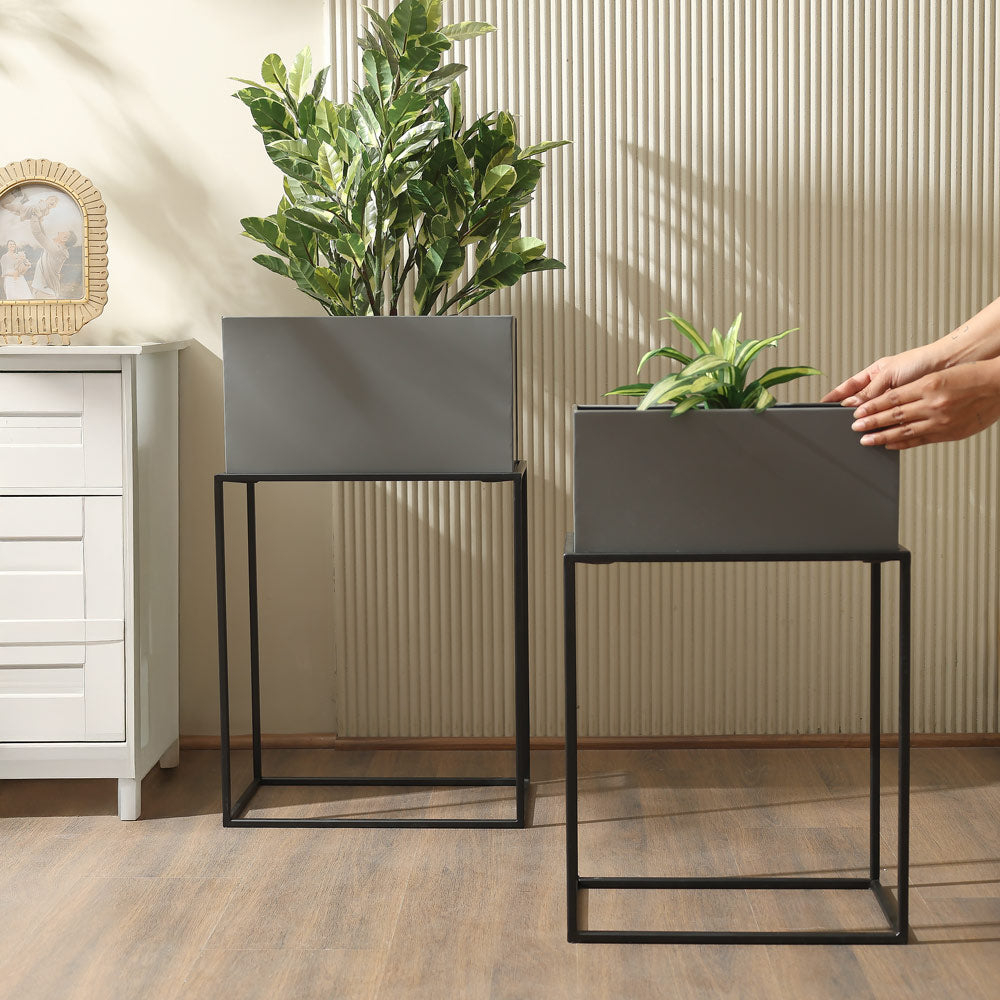 Eden Rectangular Planters with Stands, Set of 2 - Grey Black