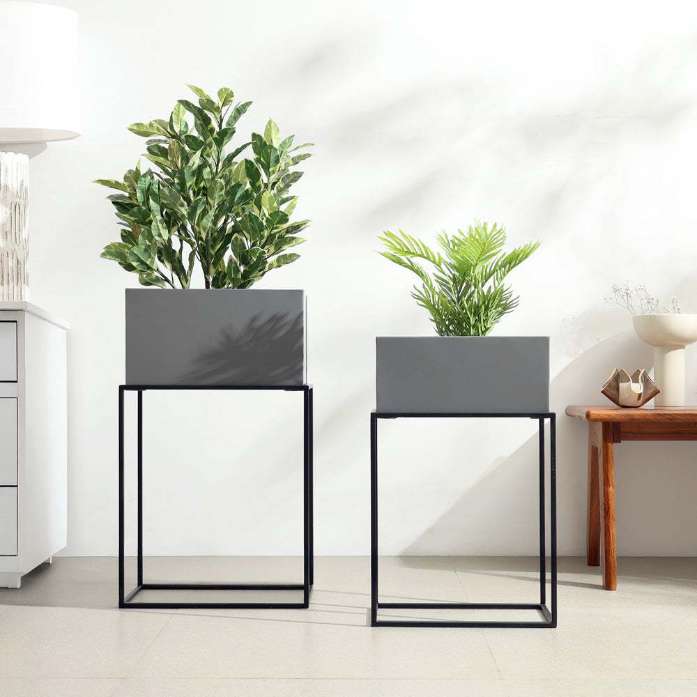 Eden Rectangular Planters with Stands, Set of 2 - Grey Black