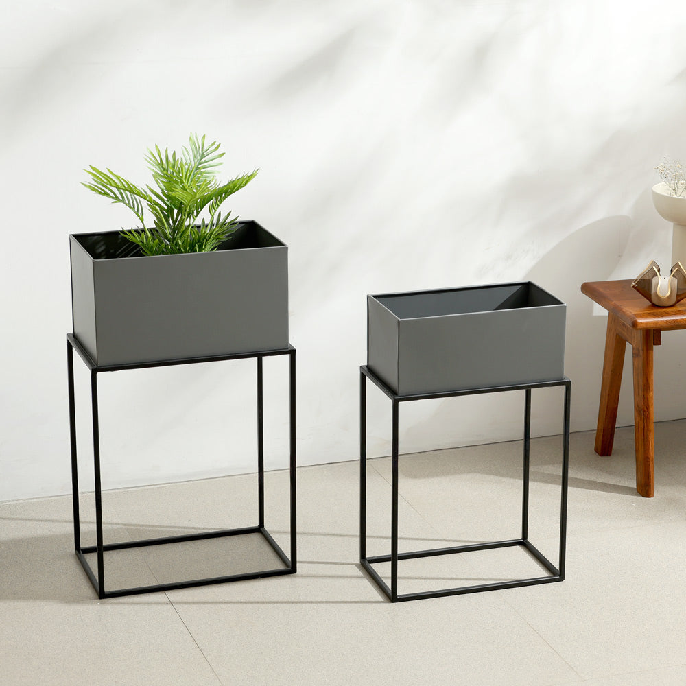 Eden Rectangular Planters with Stands, Set of 2 - Grey Black