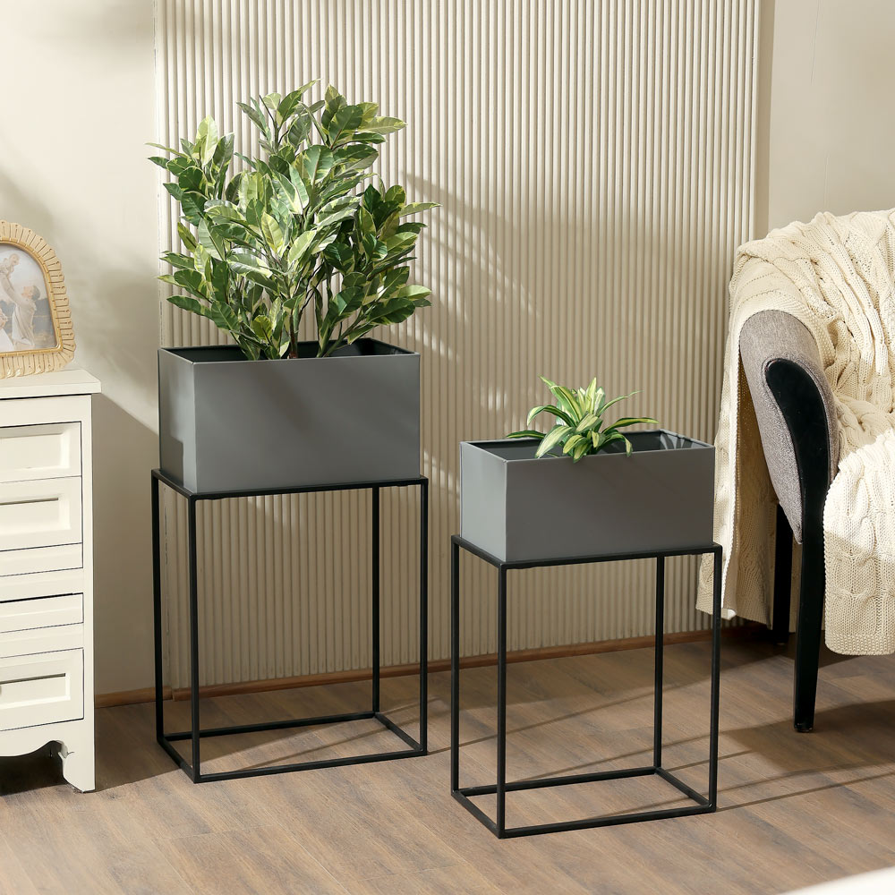 Eden Rectangular Planters with Stands, Set of 2 - Grey Black