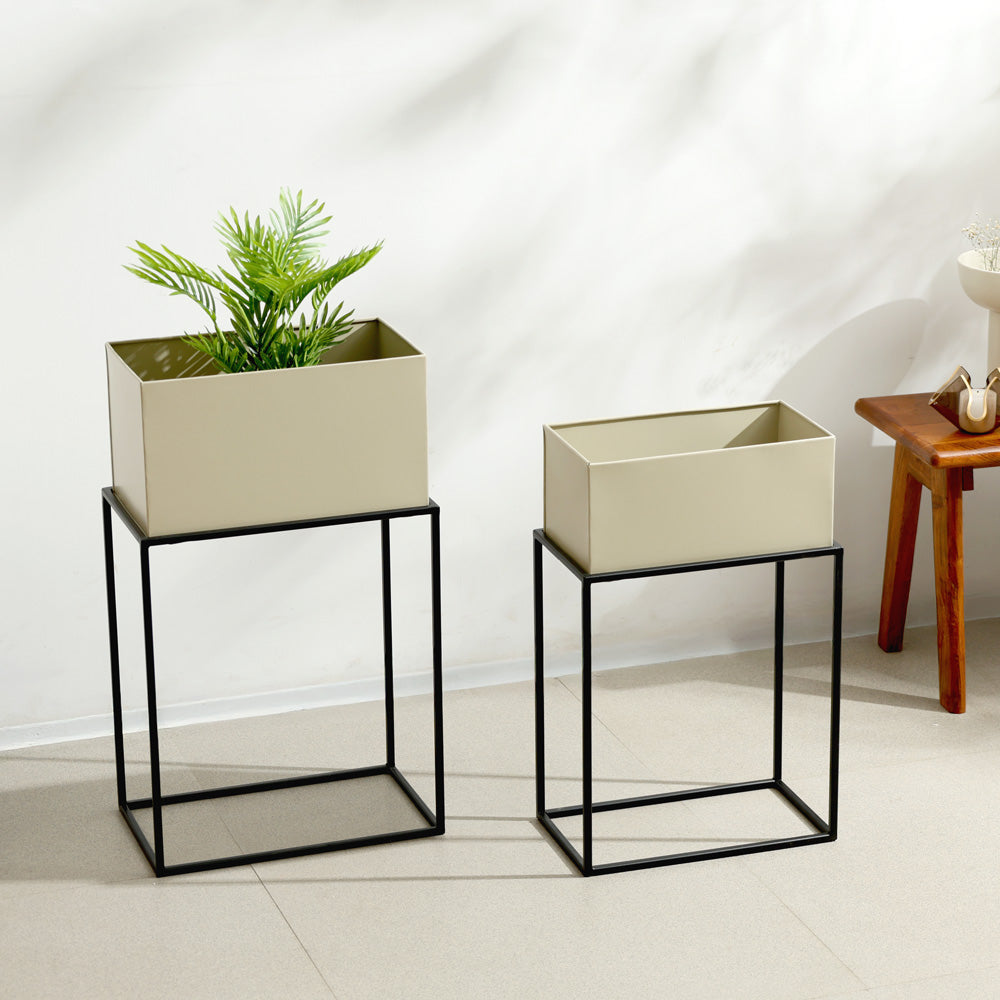 Eden Rectangular Planters with Stands, Set of 2 - Beige Black