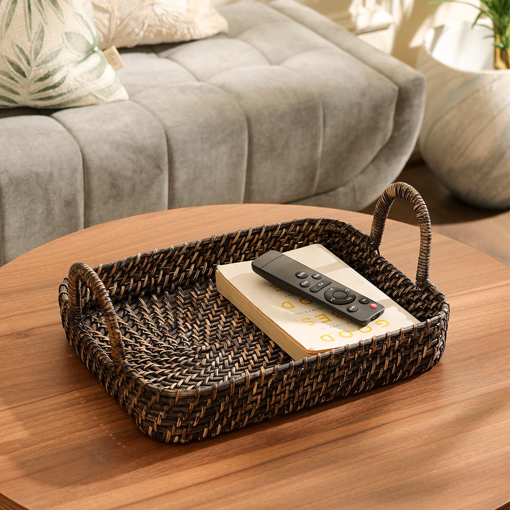Elara Rattan Rectangular Serving Tray Medium - Rustic Black