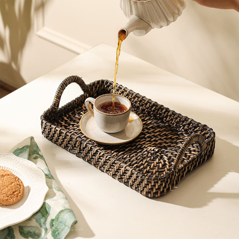 Elara Rattan Rectangular Serving Tray Small - Rustic Black