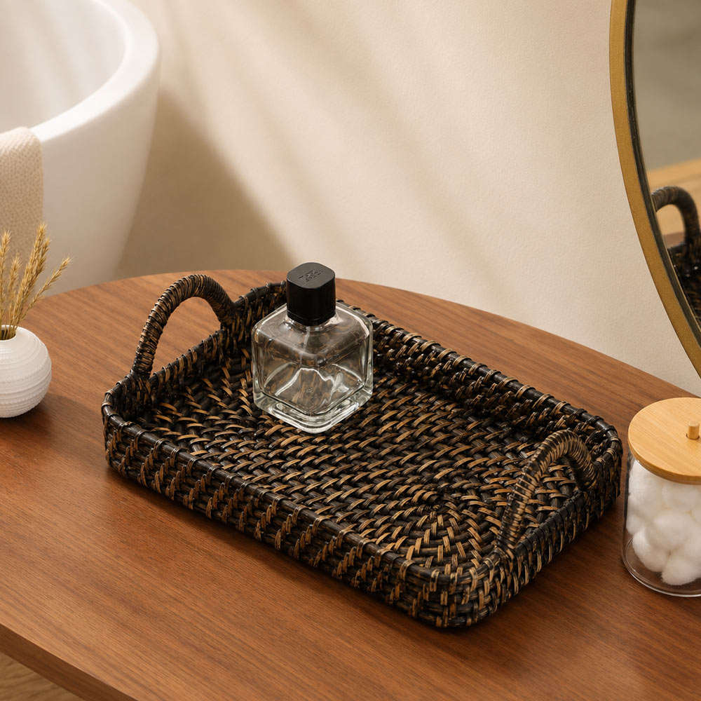Elara Rattan Rectangular Serving Tray Small - Rustic Black