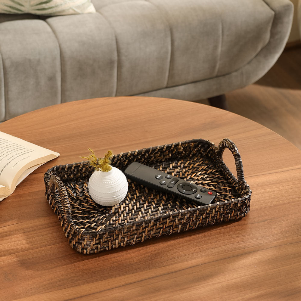 Elara Rattan Rectangular Serving Tray Small - Rustic Black