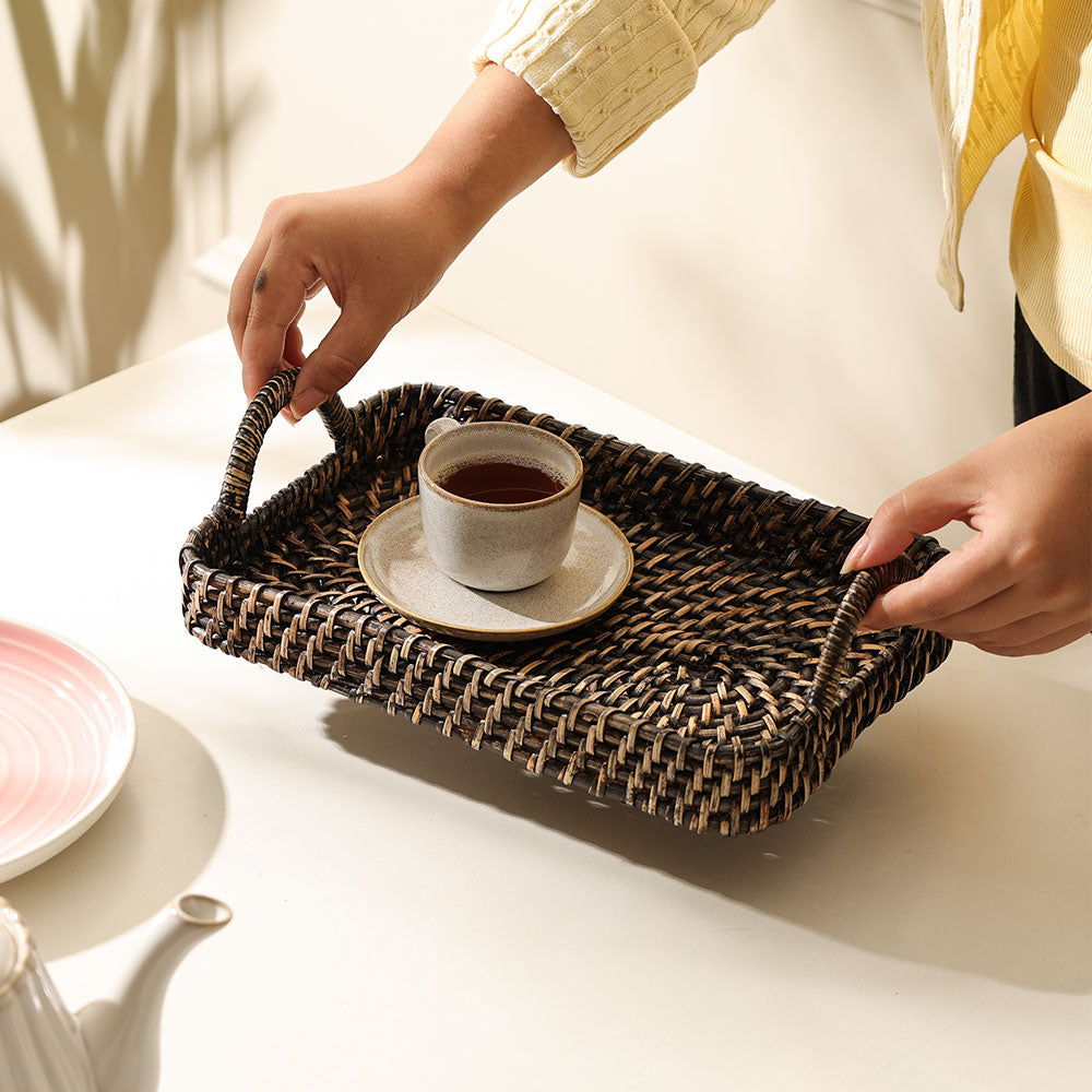 Elara Rattan Rectangular Serving Tray Small - Rustic Black