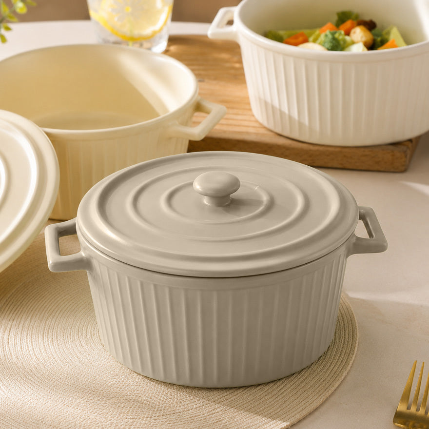 Vida Ceramic Fluted Serving Pot with Lid - Beige