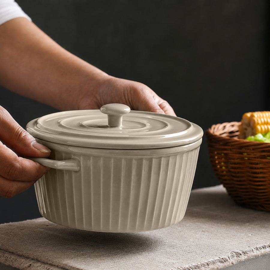 Vida Ceramic Fluted Serving Pot with Lid - Beige