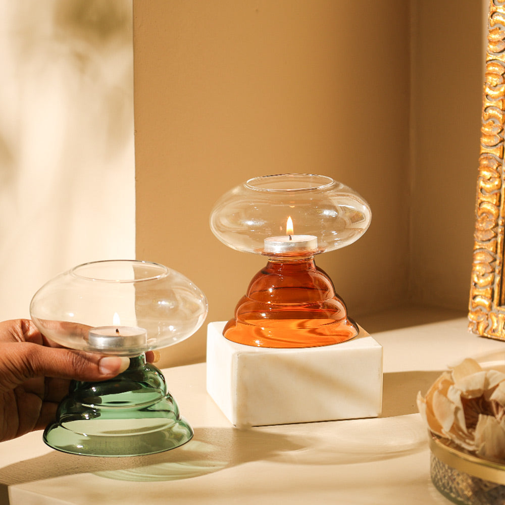 Enoki Glass Tealight Holder - Dark Amber