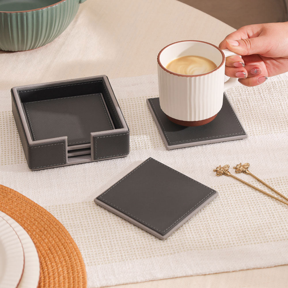 Espra Square Coasters with Holder, Set of 4 - Dark Grey