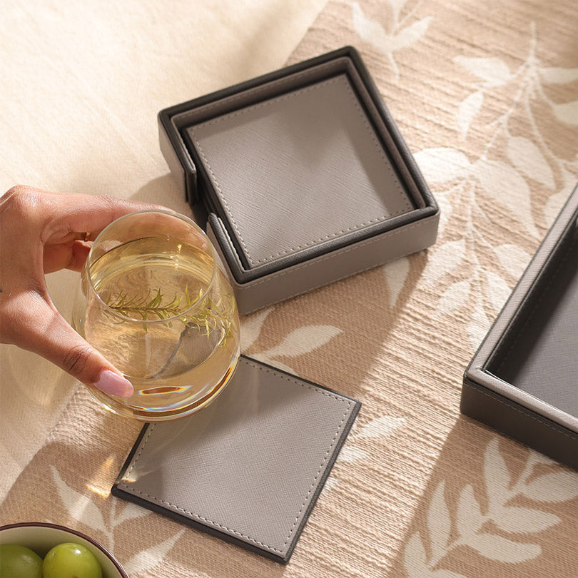 Espra Square Coasters with Holder, Set of 4 - Light Grey