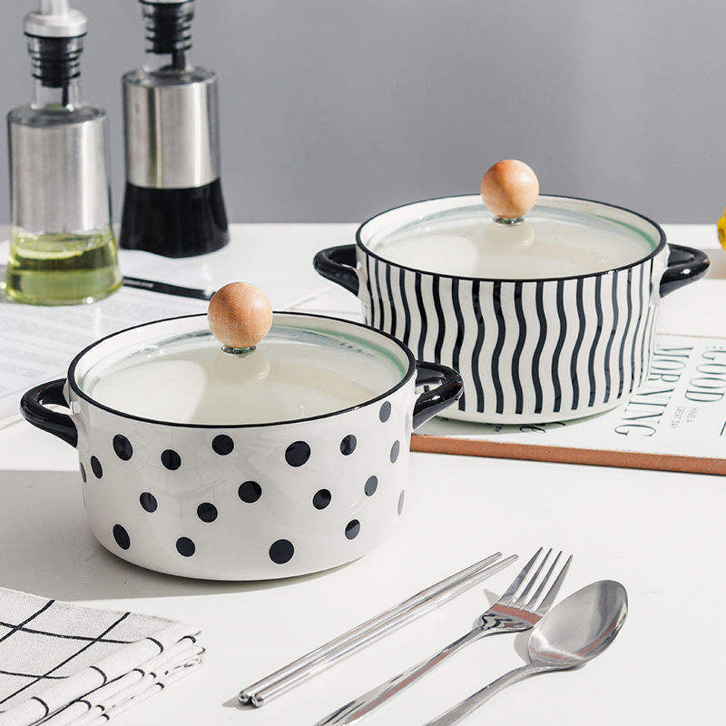 Eva Ceramic Serving Pot with Glass Lid - Black Lines