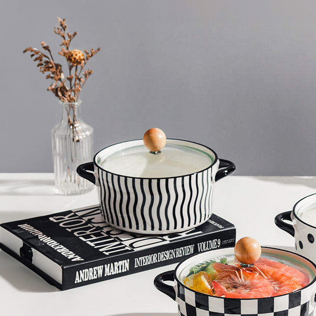 Eva Ceramic Serving Pot with Glass Lid - Black Lines