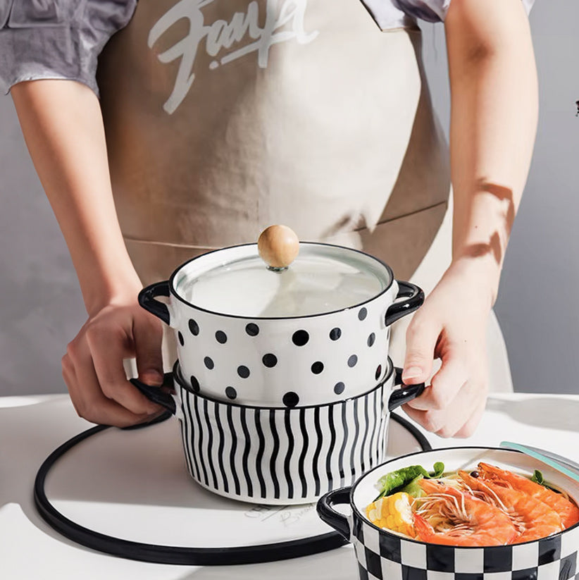 Eva Ceramic Serving Pot with Glass Lid - Black Polka