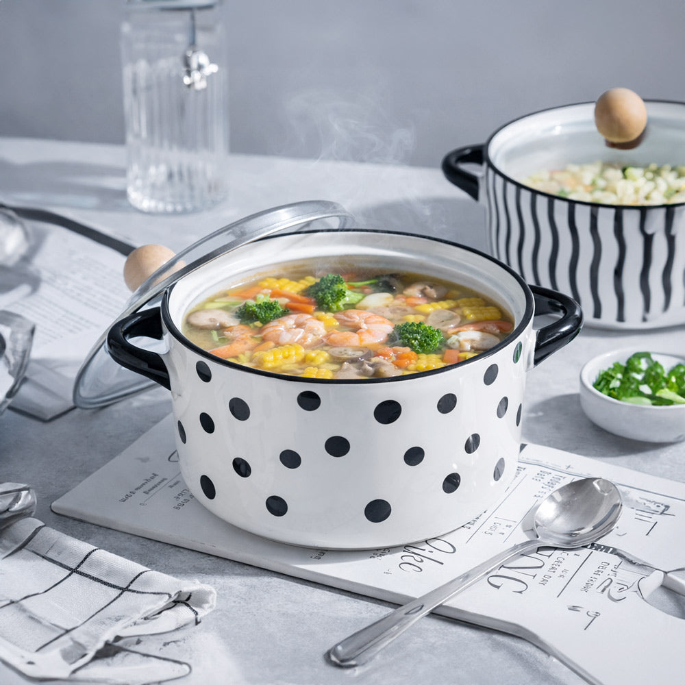 Eva Ceramic Serving Pot with Glass Lid - Black Polka
