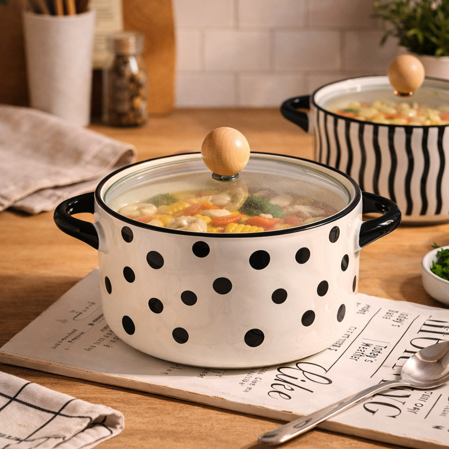 Eva Ceramic Serving Pot with Glass Lid - Black Polka