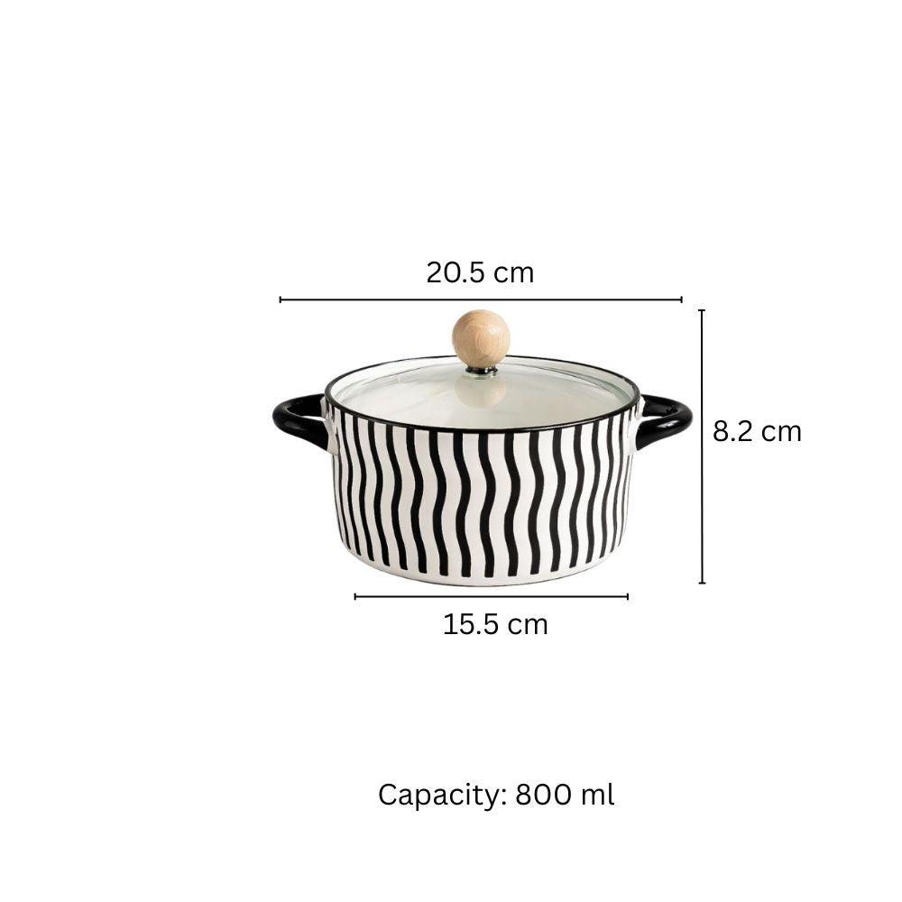 Eva Ceramic Serving Pot with Glass Lid - Black Lines