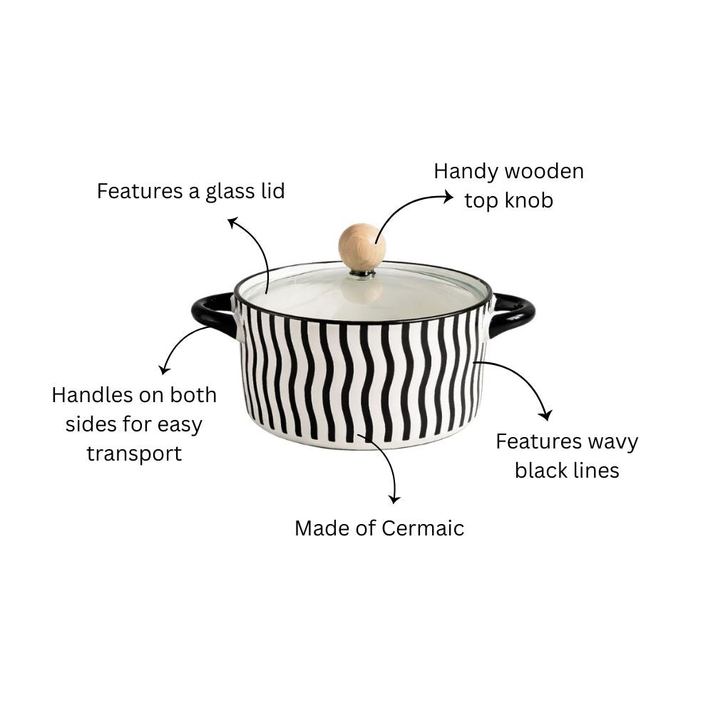 Eva Ceramic Serving Pot with Glass Lid - Black Lines