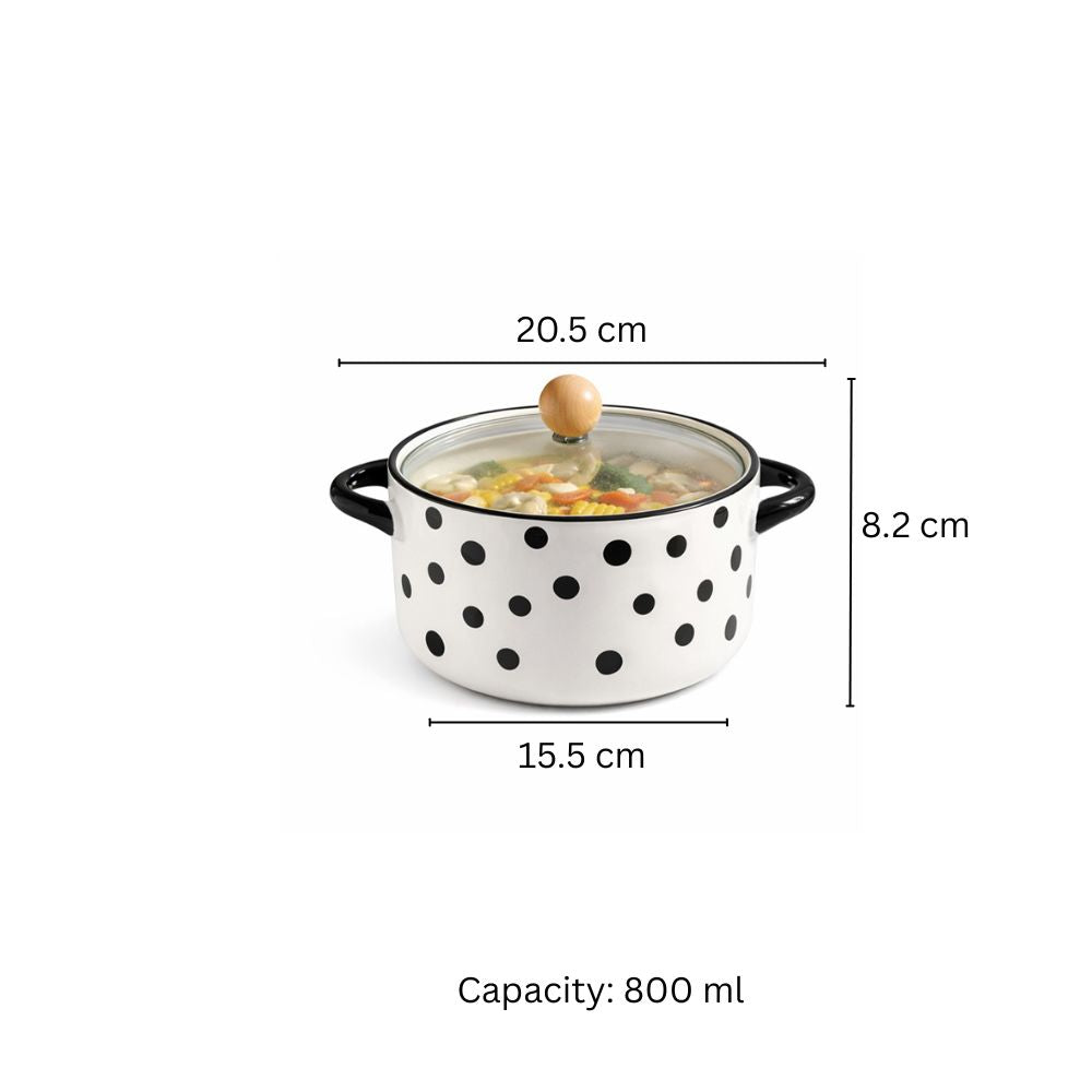 Eva Ceramic Serving Pot with Glass Lid - Black Polka