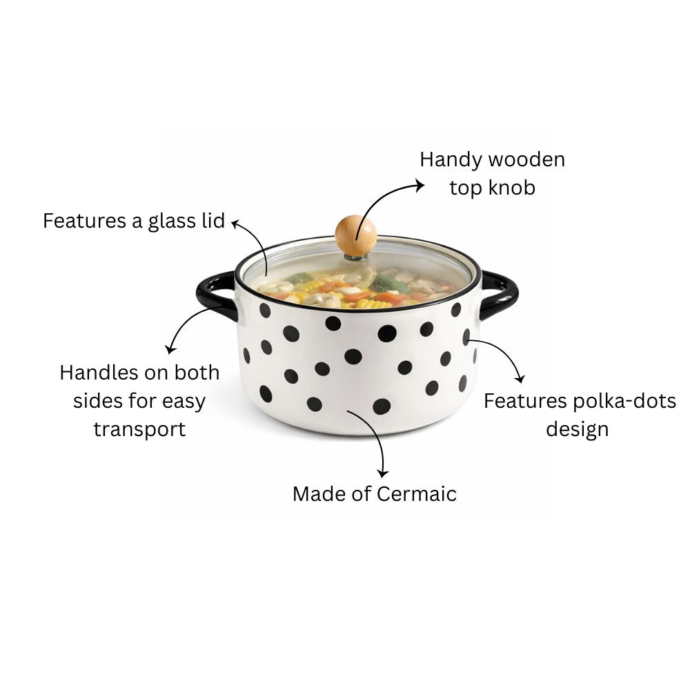 Eva Ceramic Serving Pot with Glass Lid - Black Polka