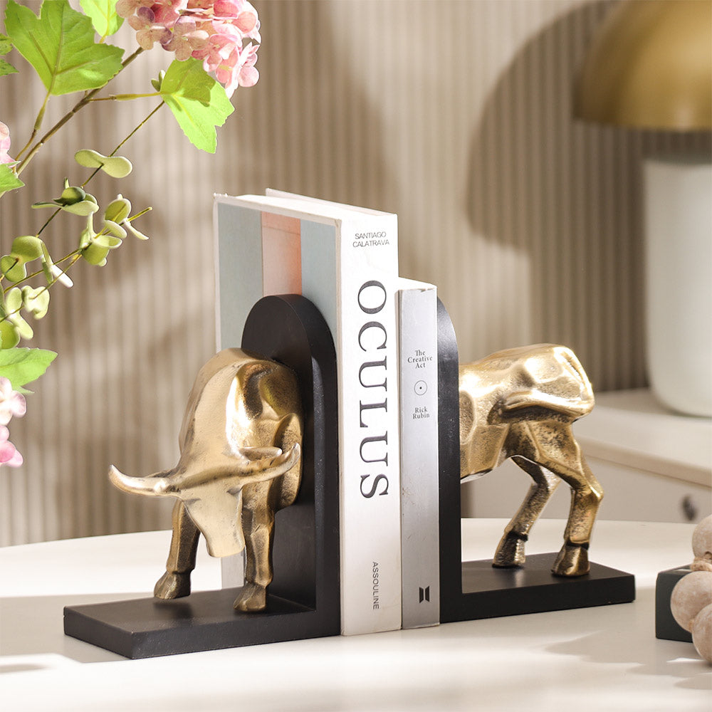 Fighting Bull Metal Bookends, Set of 2 - Gold Black