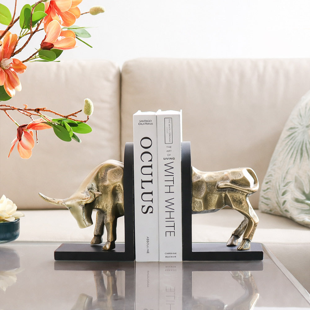 Fighting Bull Metal Bookends, Set of 2 - Gold Black