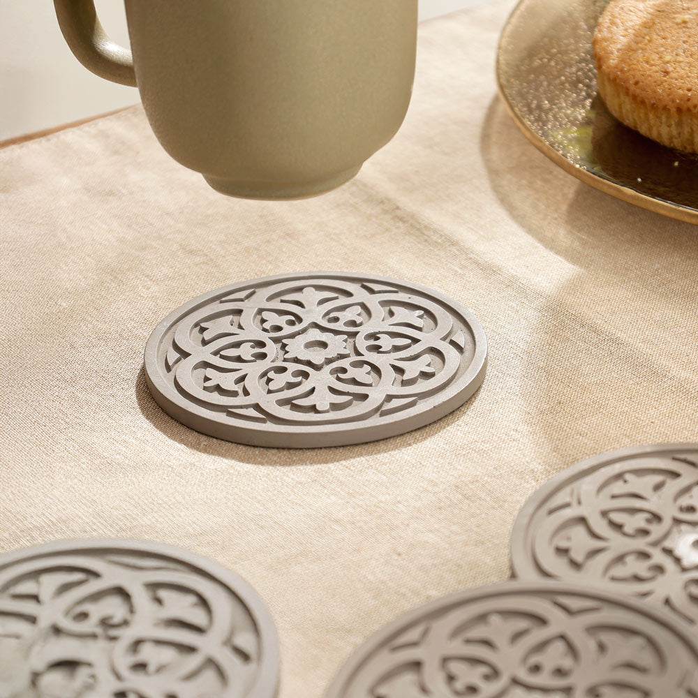 Fleur Round Coasters, Set of 4 - Greige